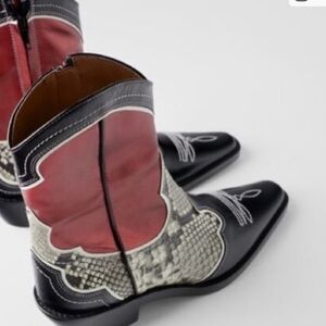 Zara Red, Black and Snake-Print Western Ankle Boots